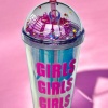 Pembe Renk Girls Yazılı Pipetli Suluk