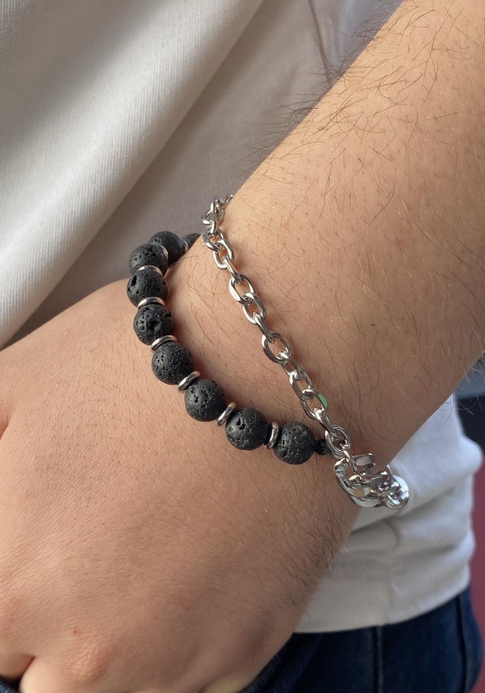 Siyah Ve Gümüş Renk Boncuk Figürlü Zincir Detaylı Erkek Bileklik