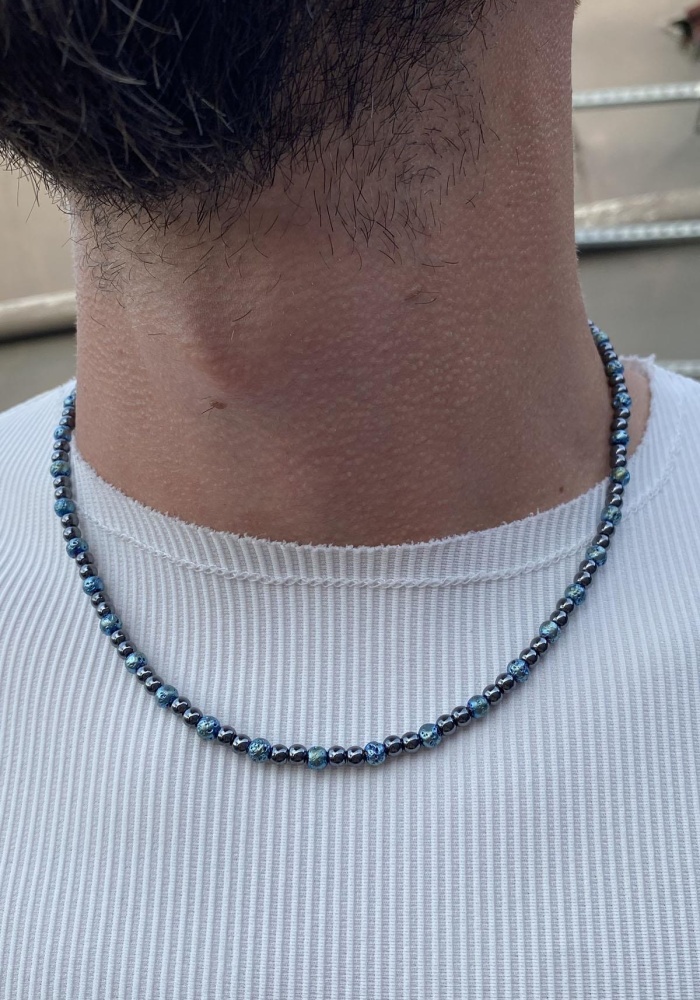 Siyah Ve Mavi Renk Boncuk Detaylı Erkek Kolye