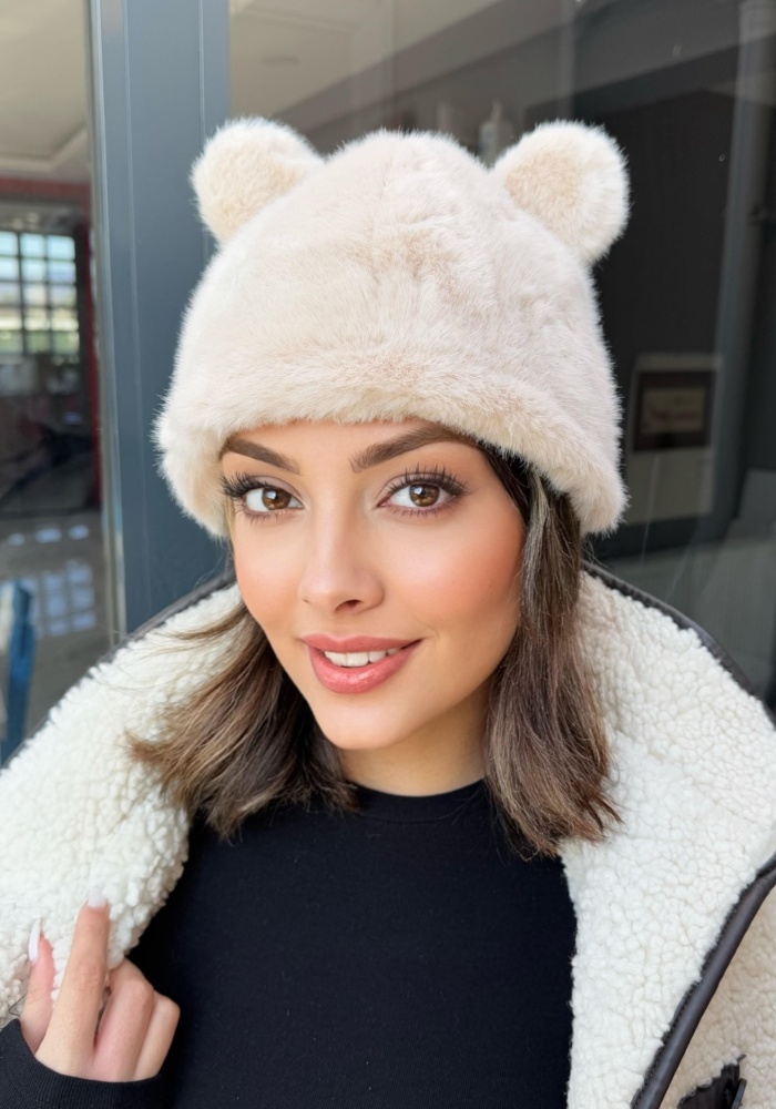 Krem Renk Ayıcık Kulaklı Peluş Şapka