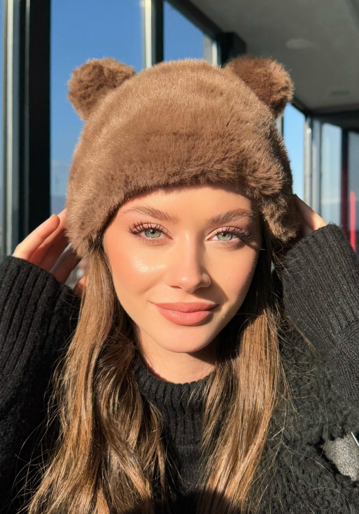Kahverengi Ayıcık Kulaklı Peluş Şapka