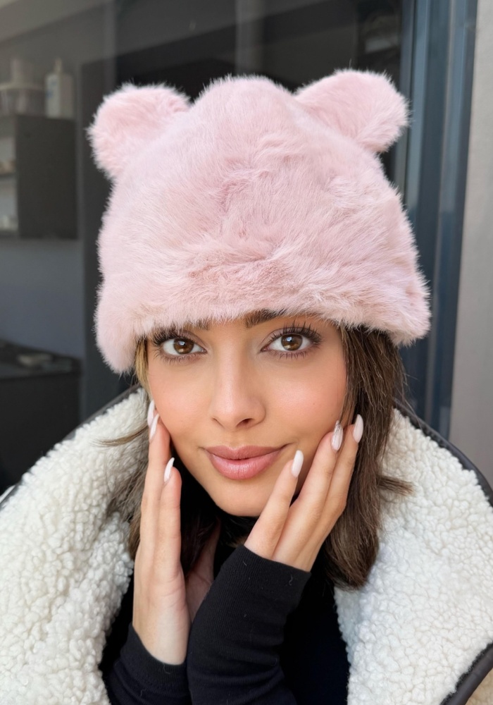 Pembe Renk Ayıcık Kulaklı Peluş Şapka