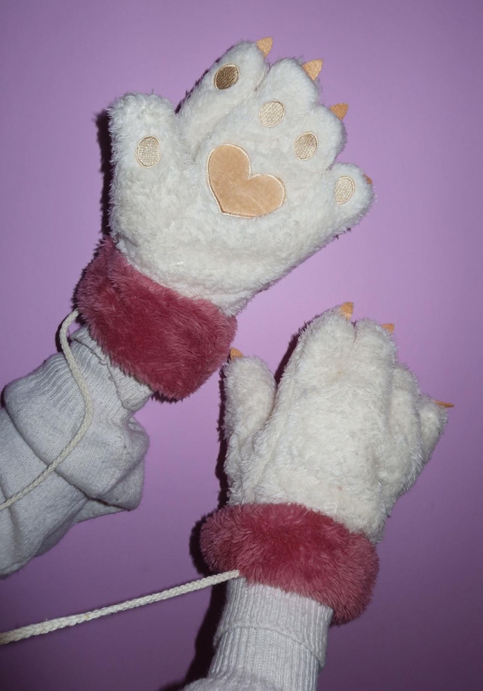 Krem Ve Pembe Renk Pati Figürlü Askılı Peluş Eldiven
