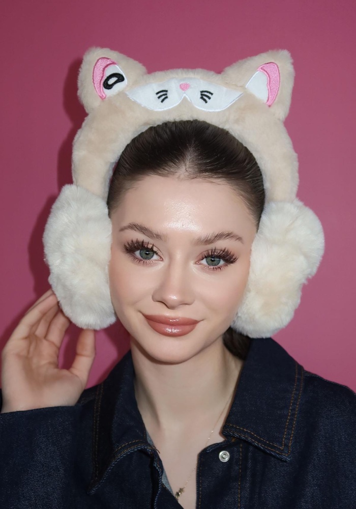 Krem Renk Kedi Figürlü Peluş Kulaklık