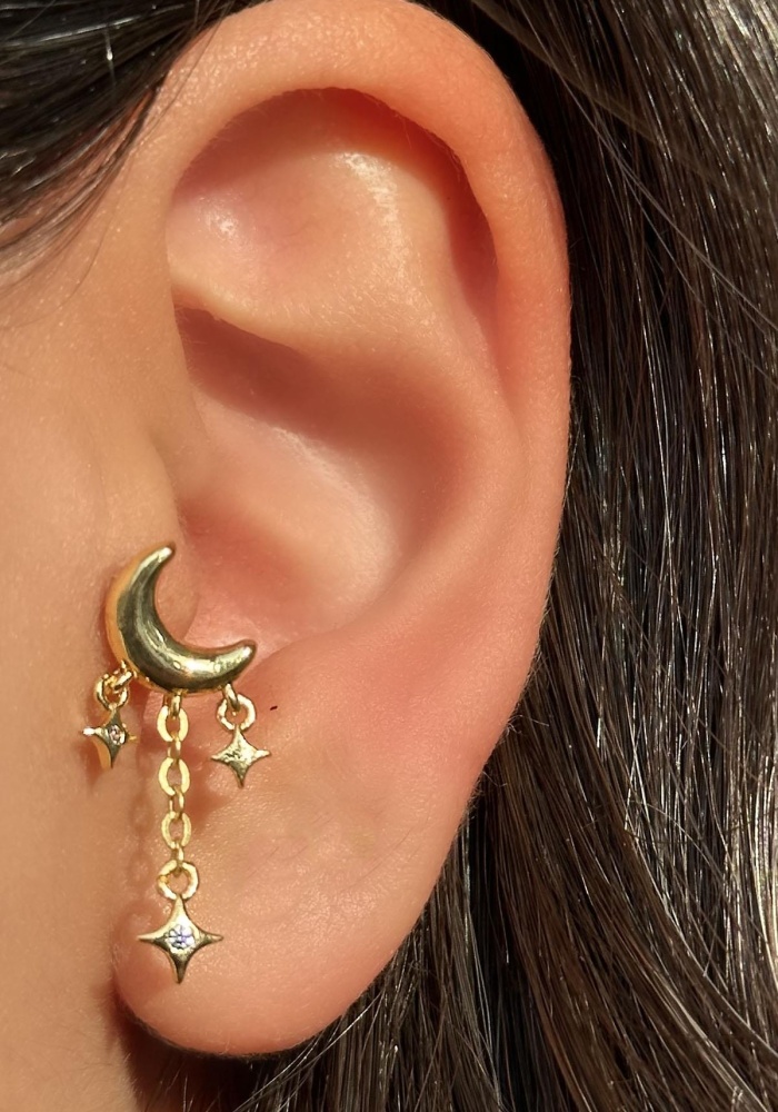 Altın Renk Ay Figürlü Çelik Tragus/Kıkırdak Küpe/Piercing (Tek)