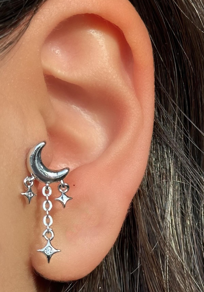Gümüş Renk Ay Figürlü Çelik Tragus/Kıkırdak Küpe/Piercing (Tek)