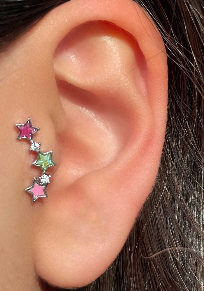 Gümüş Renk Yıldız Figürlü Çelik Tragus/Kıkırdak Küpe/Piercing (Tek)