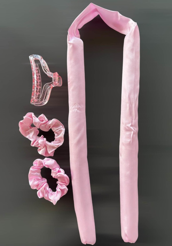 Pembe Renk Isısız Saç Şekillendirici Saç Sosisi Saten Toka Seti
