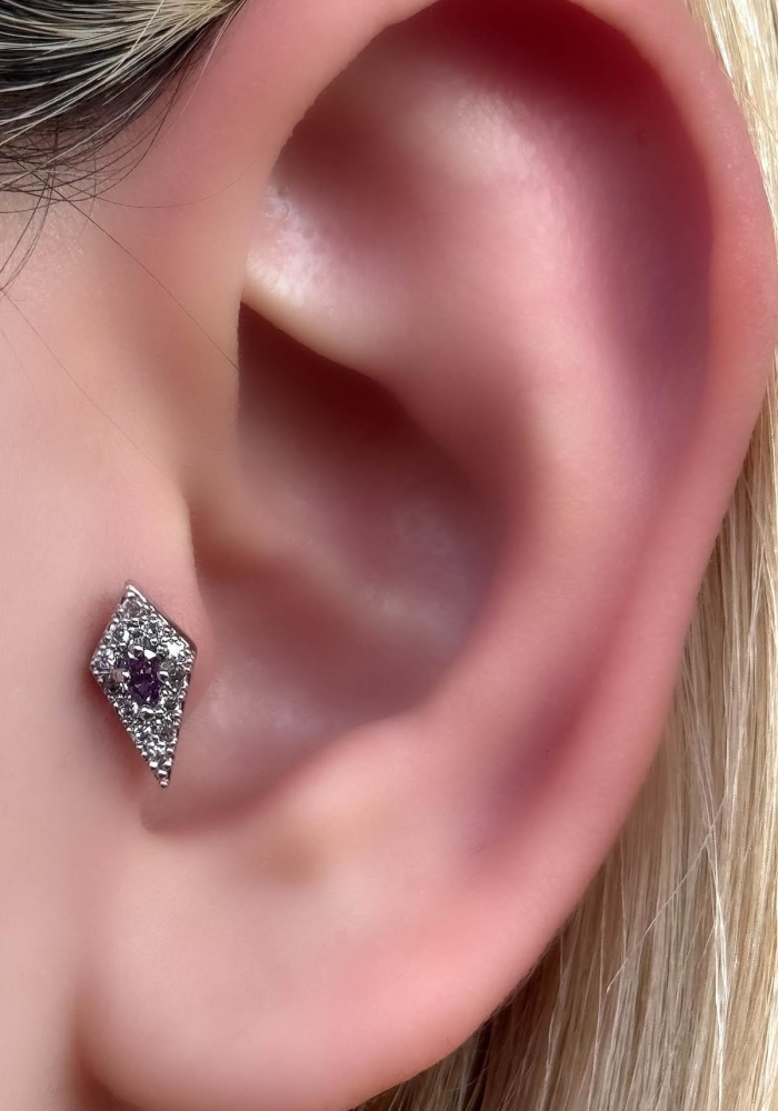 Gümüş Renk Taş Detaylı Çelik Tragus/Kıkırdak Küpe/Piercing (Tek)