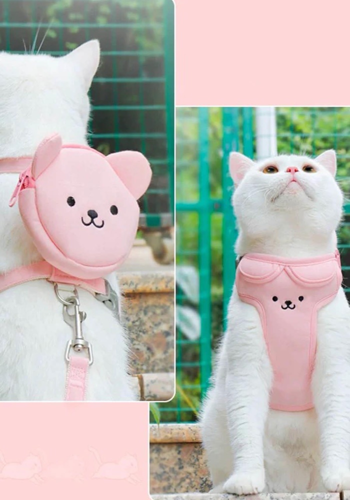 Pembe Renk Ayıcık Figürlü Çanta Detaylı Bel Göğüs Ayarlanabilir Kedi/Köpek Tasma