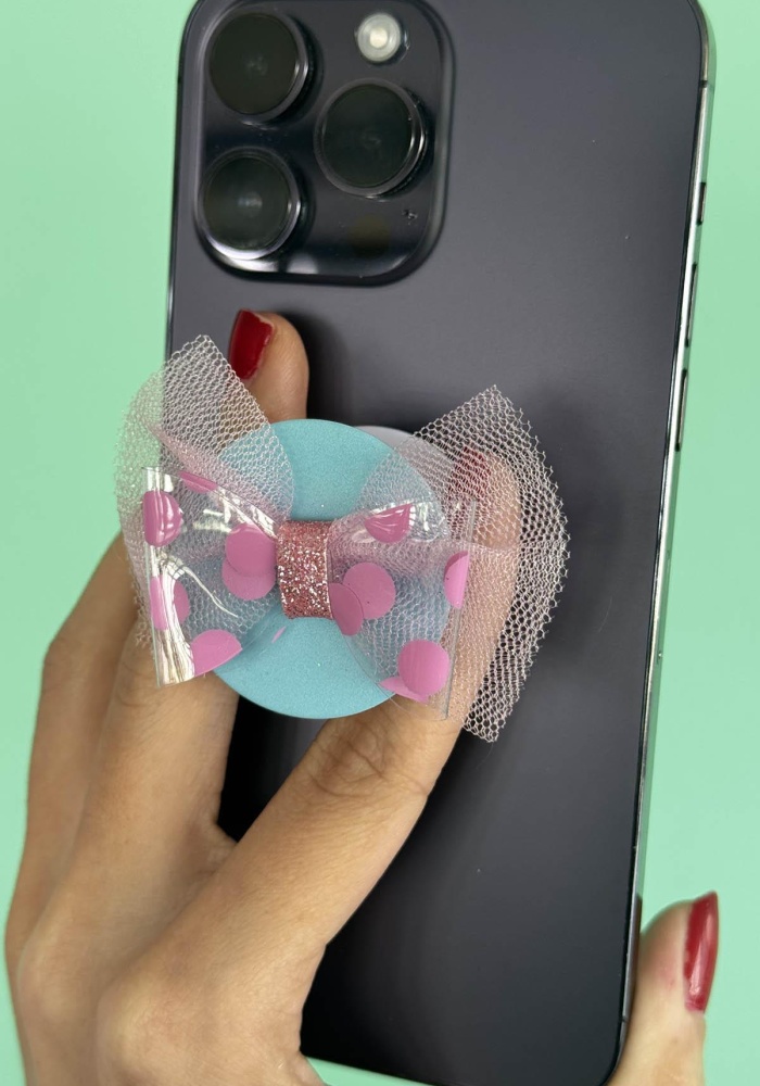 Mavi Ve Pembe Renk Kurdele Figürlü 3D Telefon Tutacağı