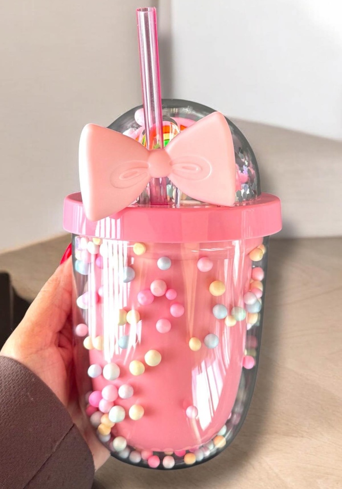 Pembe Renk Gökkuşağı Figürlü Pipetli Suluk