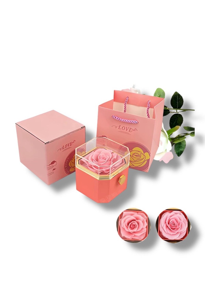 Pembe Renk Gül Figürlü Karton Çanta Hediyeli Hediye Kutusu