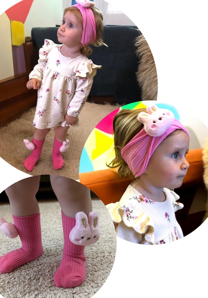 Pembe Renk Tavşan Figürlü Çocuk Saç Bandı Ve Çorap Set