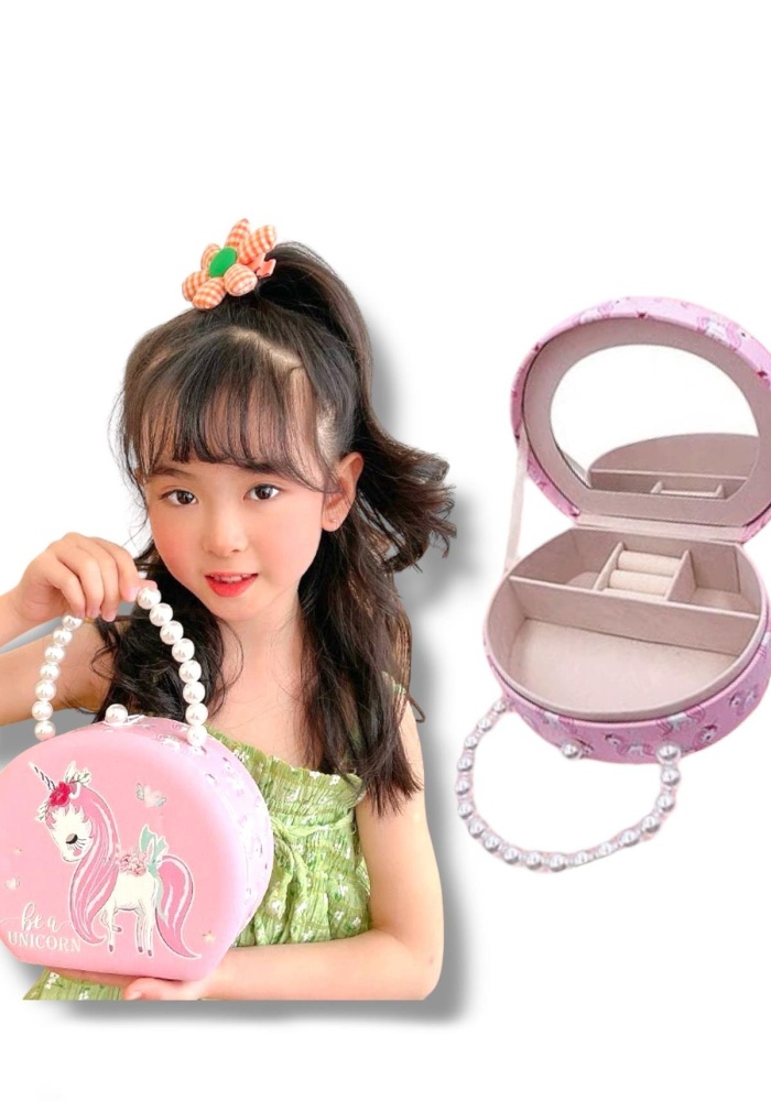 Pembe Renk Unicorn Figürlü İnci Detaylı Çanta Detaylı Takı Kutusu/Organizer
