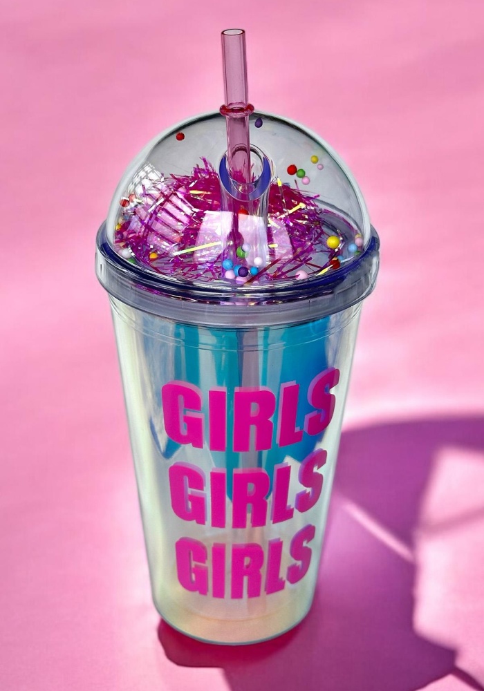 Pembe Renk Girls Yazılı Pipetli Suluk