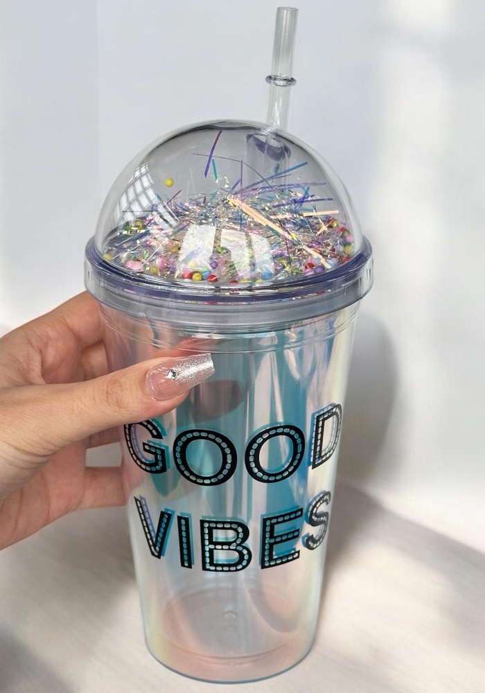 Hologramlı Good Vıbes Yazılı Pipetli Suluk