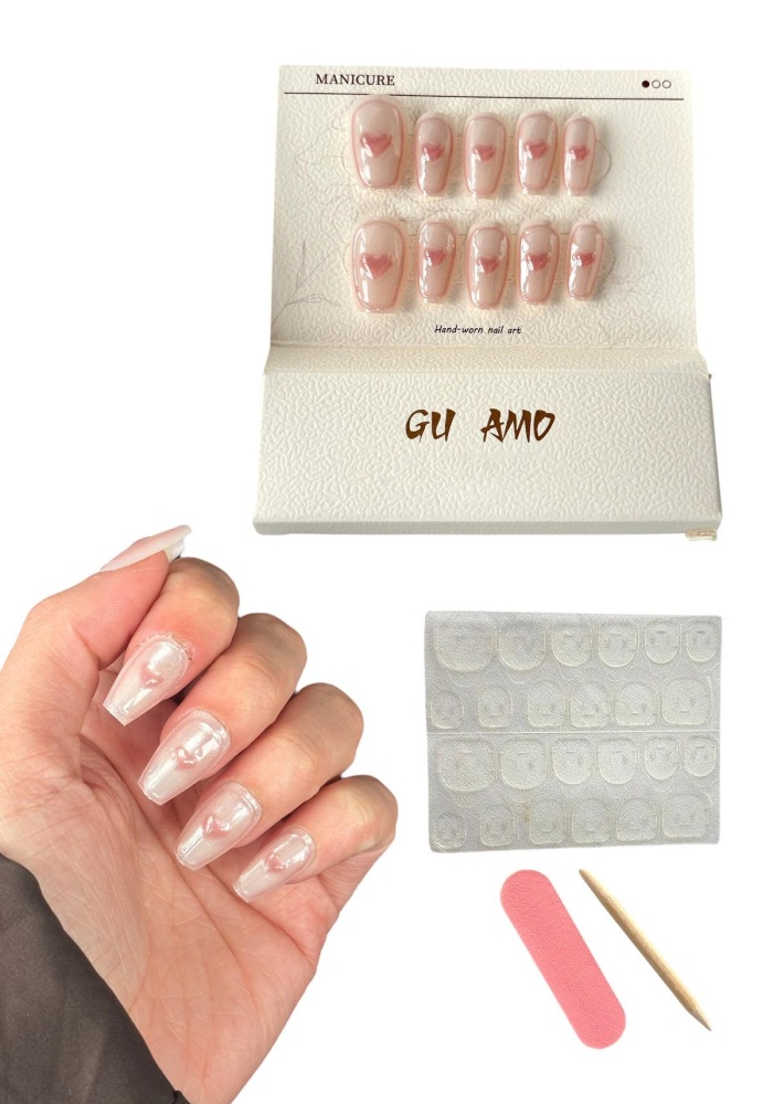 Pembe Renk 10lu Kalp Figürlü Jel Görünümlü Takma Tırnak Set (Yapıştırıcılı)