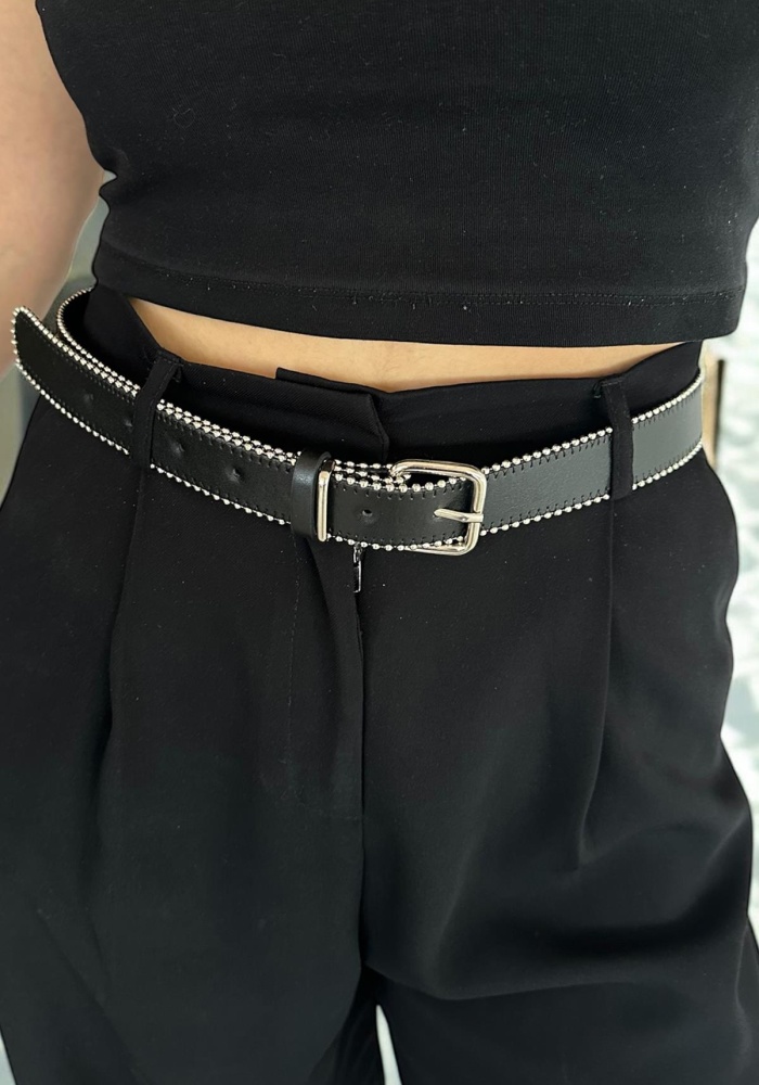 Siyah Renk Gümüş Boncuk Detaylı Deri Kadın Kemer