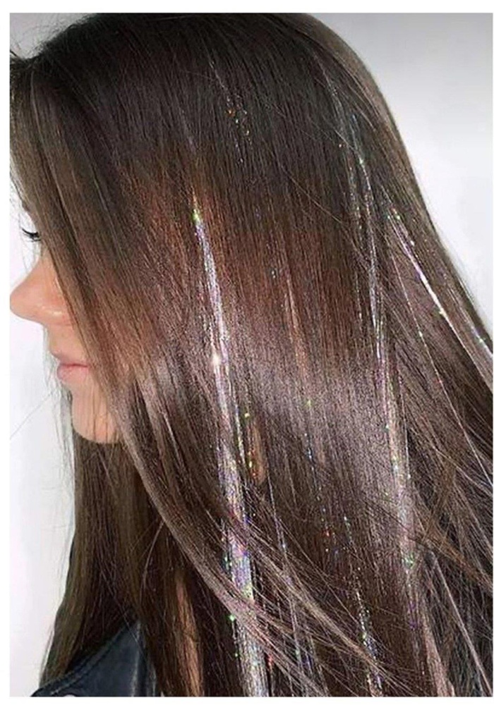 Gri Renk Simli Yan Postiş Hair Tinsel Shiny Hair (50 Cm)