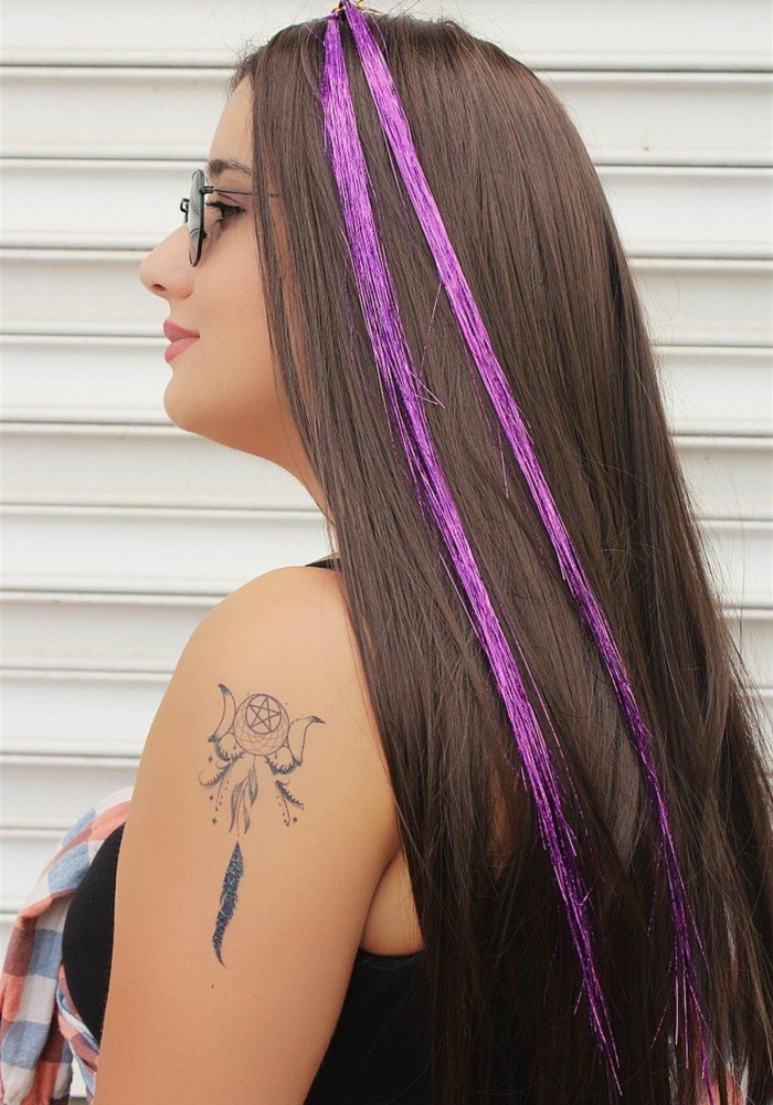 Mor Renk Simli Yan Postiş Hair Tinsel Shiny Hair (50 Cm)