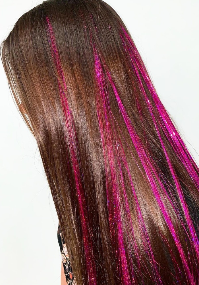 Koyu Pembe Renk Simli Yan Postiş Hair Tinsel Shiny Hair (50 Cm)