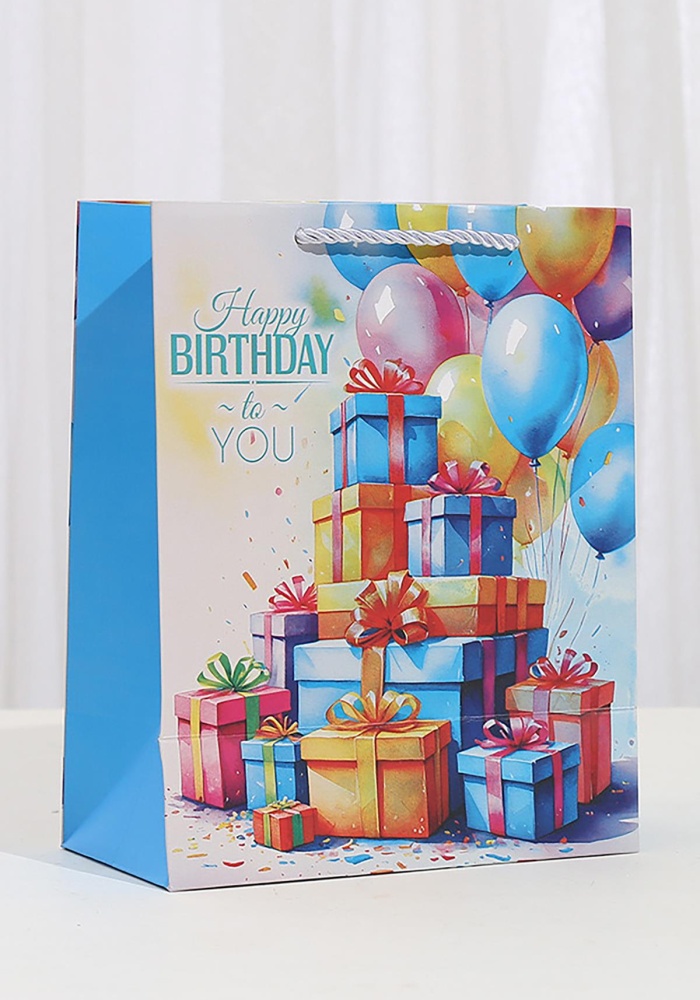 Karışık Renk Hediye Kutusu Ve Balon  Figürlü Karton Çanta