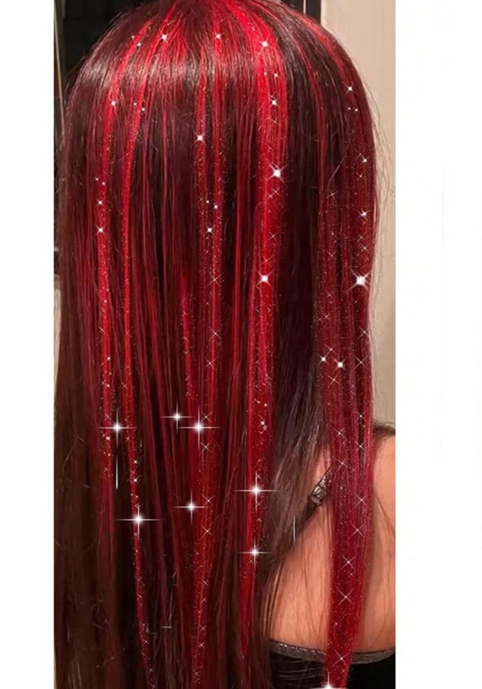 Kırmızı Renk Simli Yan Postiş Hair Tinsel Shiny Hair (50 Cm)