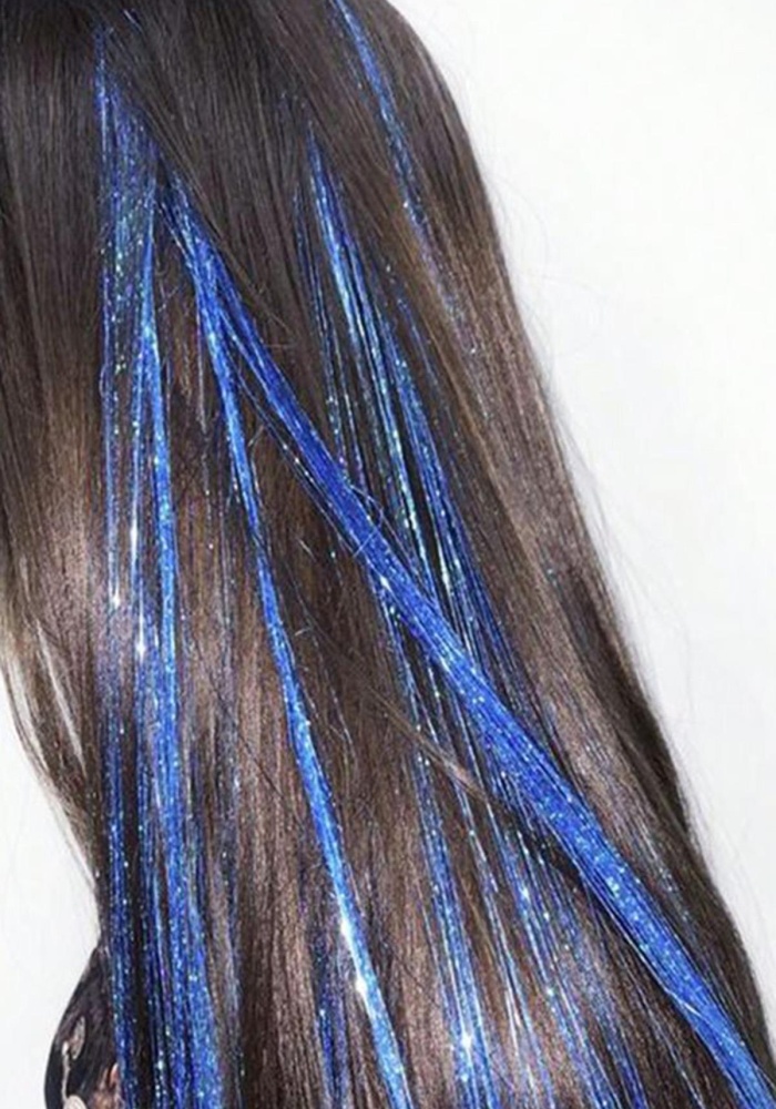 Mavi Renk Simli Yan Postiş Hair Tinsel Shiny Hair (50 Cm)