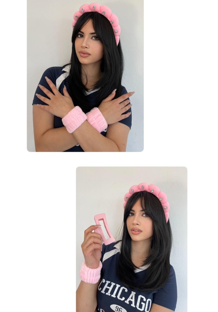 Pembe Renk Taş Detaylı Spa Taç/ Mandal Toka/ Su Emici Havlu Bileklik Set