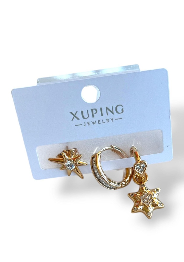 Altın Renk Taş Detaylı Çelik 3lü Xuping Küpe Set