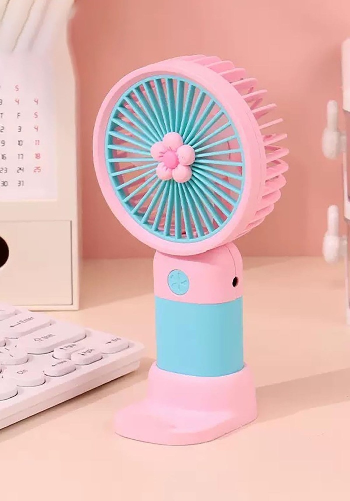 Pembe Ve Mavi Renk Çiçek Figürlü Taşınabilir Şarjlı Telefon Tutacaklı El Fanı