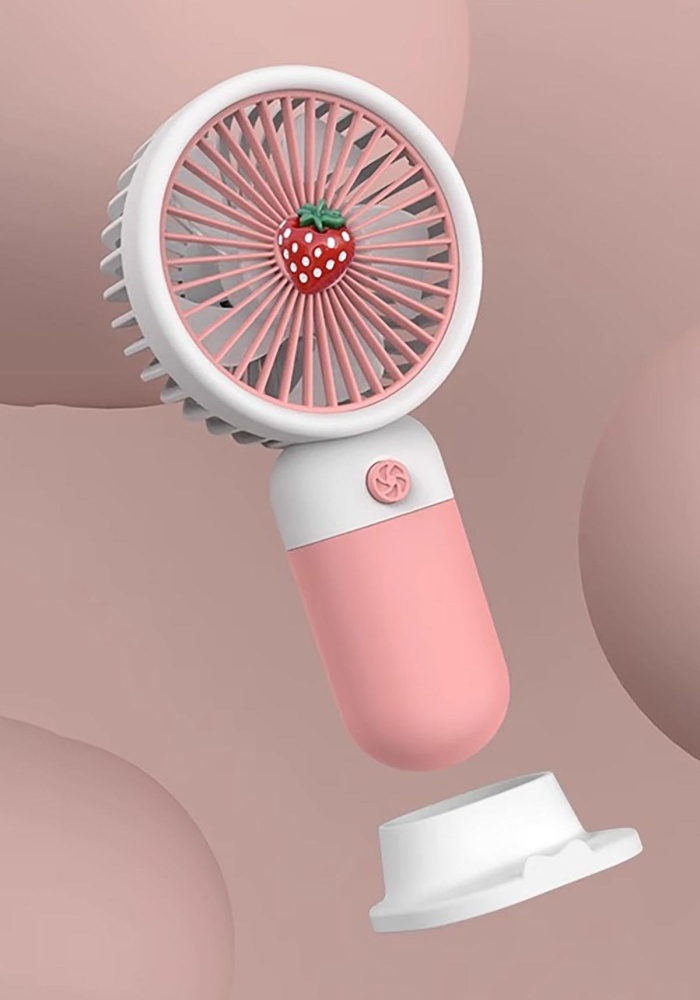 Pembe Ve Beyaz Renk Çilek Figürlü Taşınabilir Şarjlı Telefon Tutacaklı El Fanı