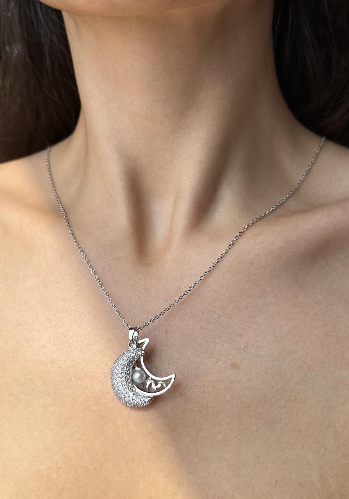 Gümüş Renk Ay Figürlü Taş Detaylı Çelik Kolye