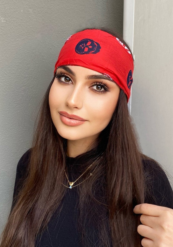Kırmızı Renk Kuru Kafa Desenli Unisex Fular