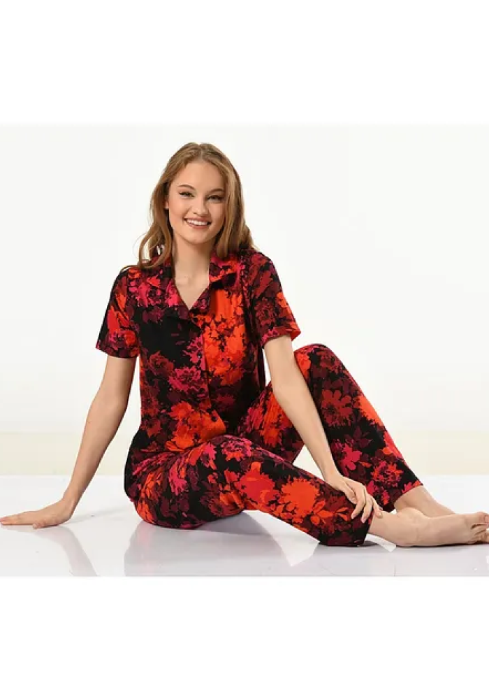 Taffy Viskon Kadın Düğmeli Gömlek Yaka Kırmızı Pijama Takımı