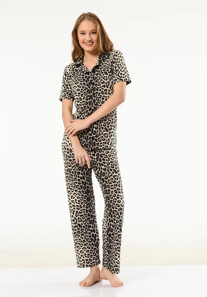 Taffy Viskon Kadın Düğmeli Gömlek Yaka Bej Pijama Takımı