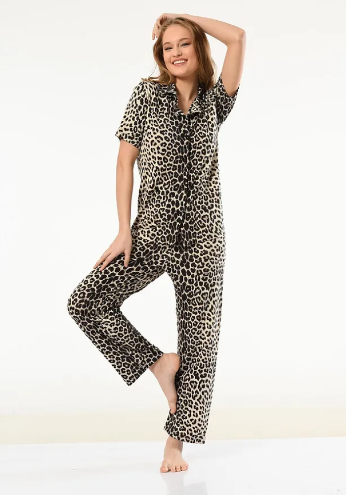 Taffy Viskon Kadın Düğmeli Gömlek Yaka Bej Pijama Takımı