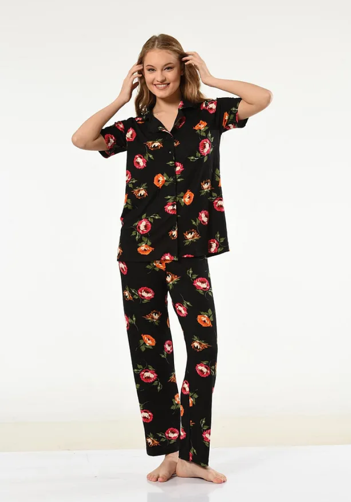 Taffy Viskon Kadın Düğmeli Gömlek Yaka Siyah Pijama Takımı