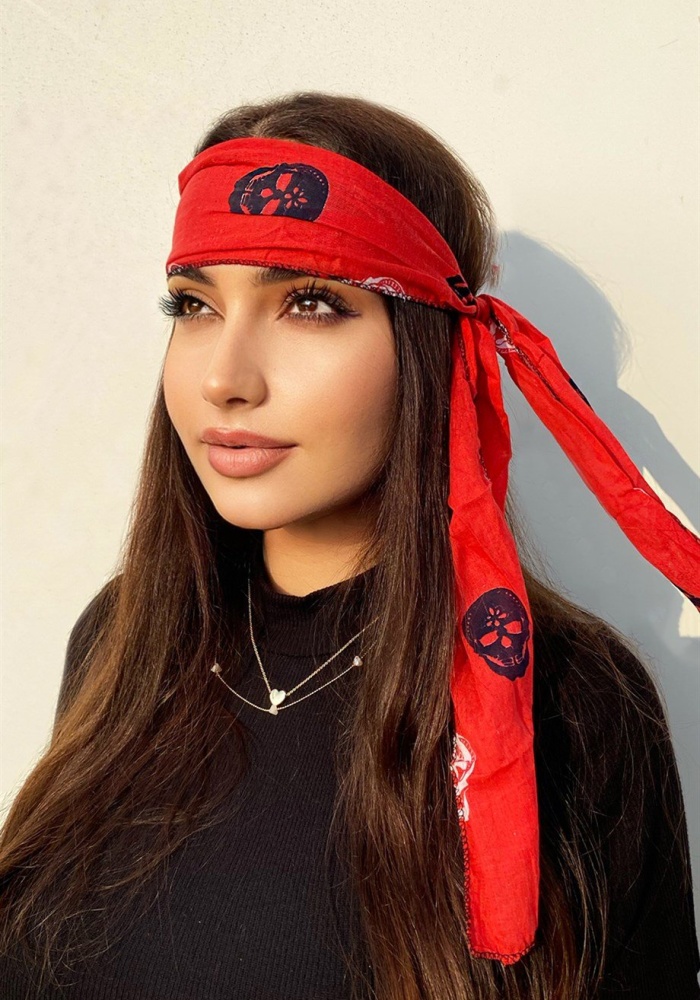 Kırmızı Renk Kuru Kafa Desenli Unisex Fular