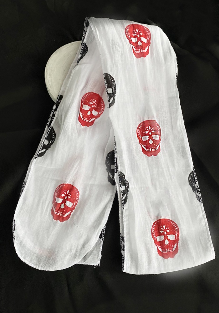 Beyaz Renk Kuru Kafa Desenli Unisex Fular