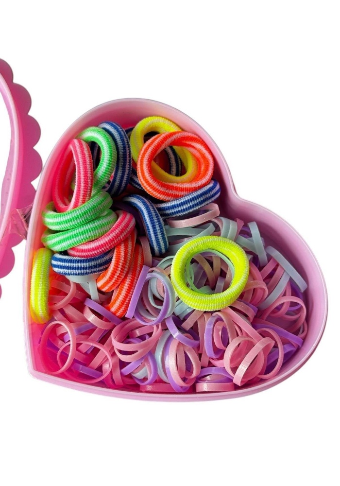 Pembe Renk Kalp Figürlü Kutu Lastik Toka Set