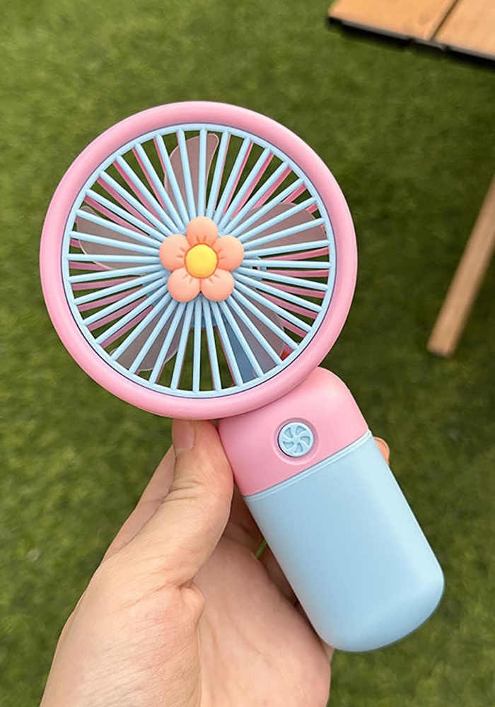 Pembe Ve Mavi Renk Çiçek Figürlü Taşınabilir Şarjlı Telefon Tutacaklı El Fanı