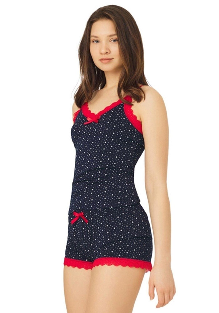 Lacivert Desenli İnce Askılı Şortlu Pamuklu Pijama Takımı CH1507