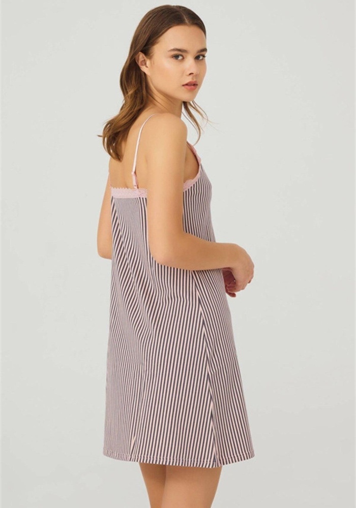 Pembe Füme Çizgili İnce Askılı Pamuklu Gecelik CH1406