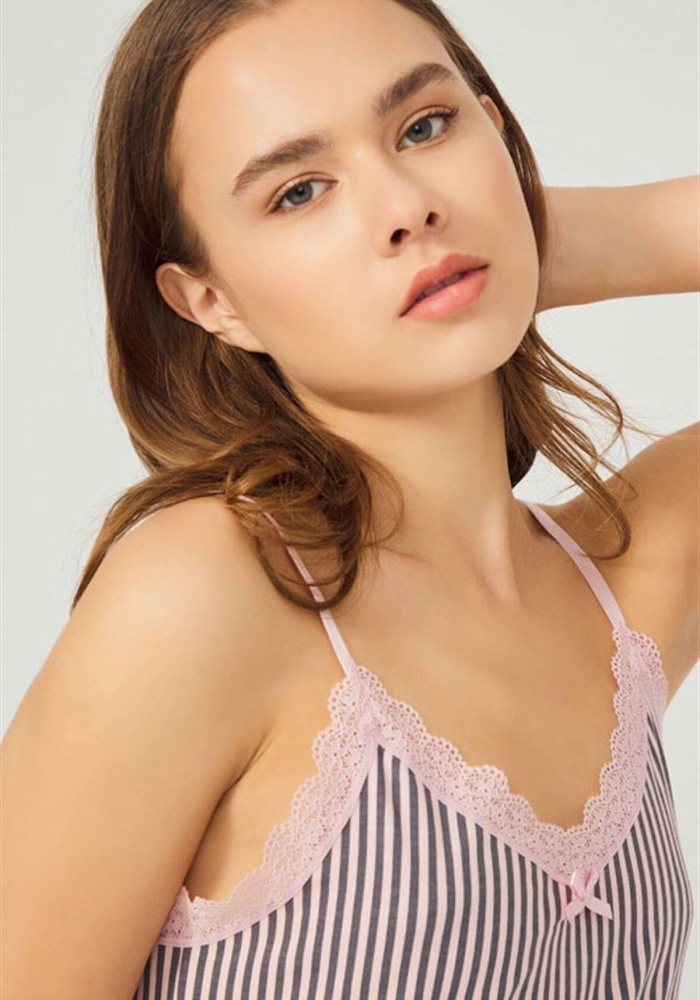 Pembe Füme Çizgili İnce Askılı Pamuklu Gecelik CH1406