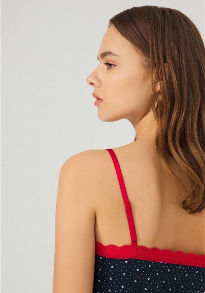 Lacivert Desenli İnce Askılı Pamuklu Gecelik CH1406