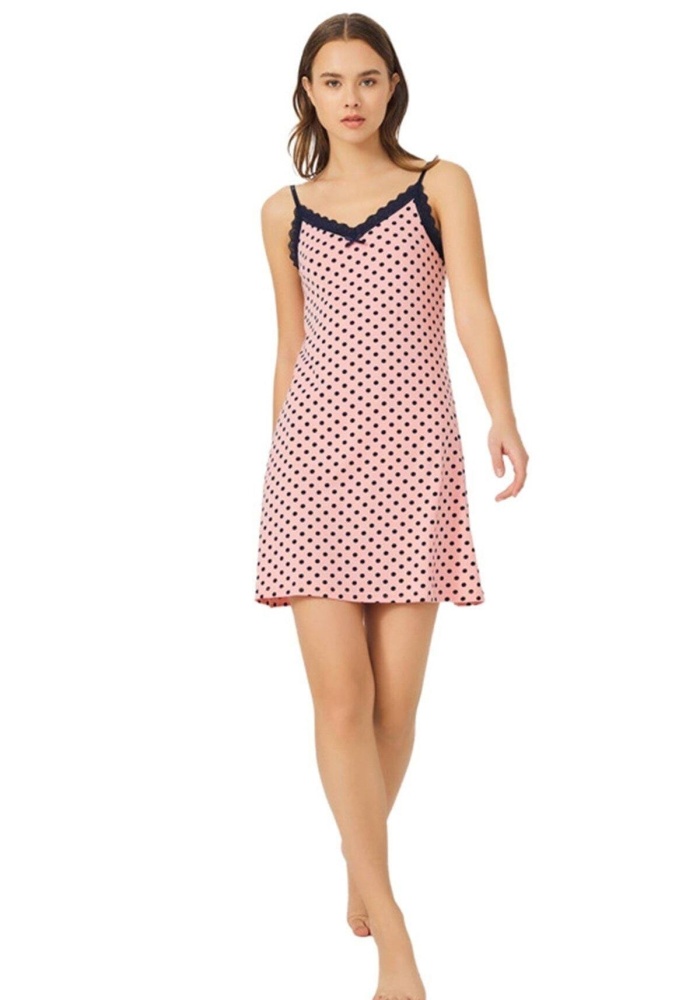 Pembe Lacivert Puantiyeli İnce Askılı Pamuklu Gecelik CH1406