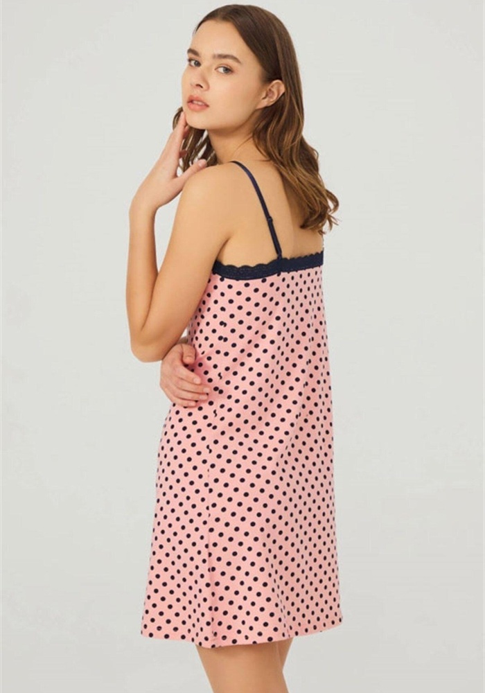 Pembe Lacivert Puantiyeli İnce Askılı Pamuklu Gecelik CH1406