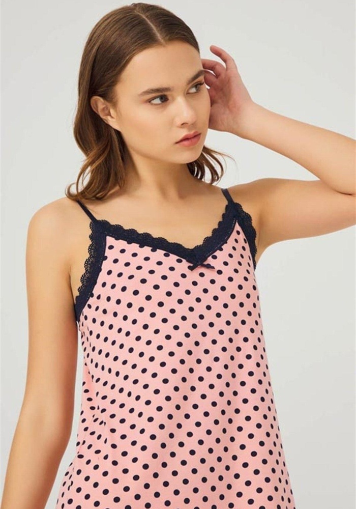 Pembe Lacivert Puantiyeli İnce Askılı Pamuklu Gecelik CH1406